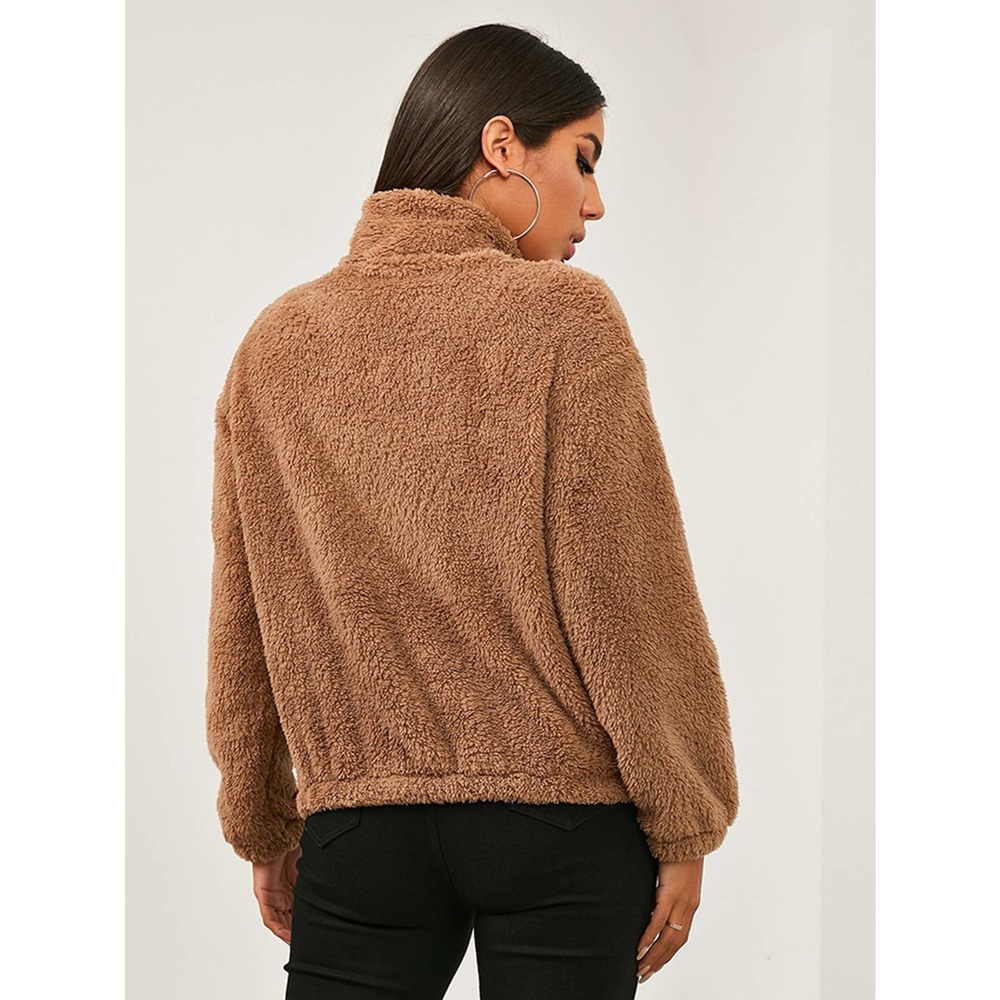 stand collar faux fur Zip Up Teddy Jacket teddy coat fall winter tan camel brown - Picture 2 of 10